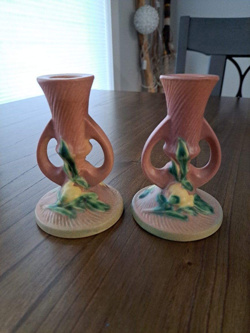 Roseville 1152 4 1/2 inch Pair Of Peony Candle Sticks