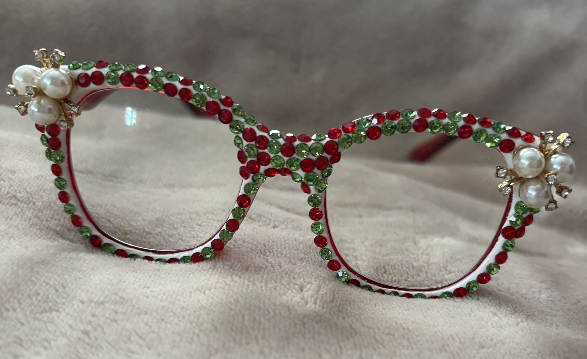 Christmas Rhinestone Glasses Frame Faux Pearl & Diamond Crusted Corners