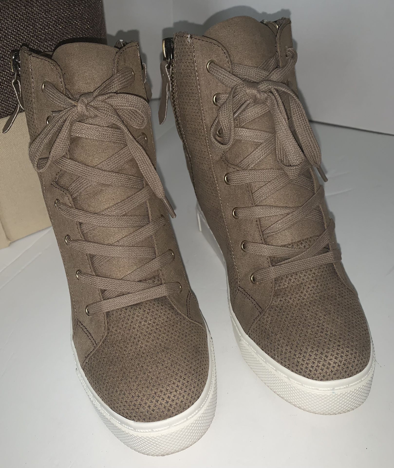 Final Sale - Size 8.5 Taupe Suede Lace-Up Wedge Sneakers 