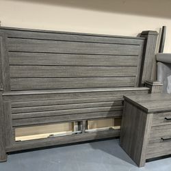 New King Platform Storage Bed Frame & Nightstand