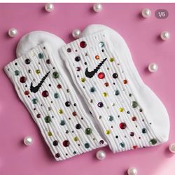 - 1 pair White Nike Socks Adorned with Colorful Rhinestones ❤️