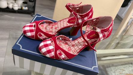 Red Gingham Block Heel Sandals