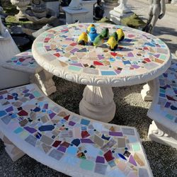Concrete Mosaic Picnic Table with 3 Benches/ Outdoor Patio Furniture