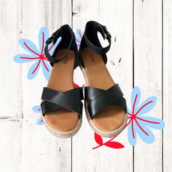 A.N.A. Broome Black Strap Flat Buckle Sandals w Jute Rope Outsoles Women Sz 9