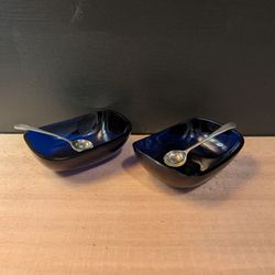 Vintage Cobalt Blue Salt Celler Inserts With Tiny Spoons 