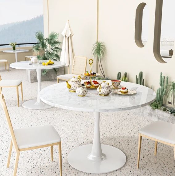 Round Dining Table, 31.5 inch Round Artificial Marble Dining Table, Round Pedestal Table for Mid-Century End Table Coffee Office Living Room Table, Wh