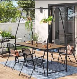 (Set-5 Pcs) Rectangle A-Frame Pergola Patio Dining Table with Metal Mesh Stackable Patio Dining Chairs