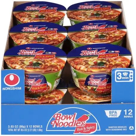 Nong Shim Bowl Noodle Hot & Spicy Soup -12 Pack 3 Mins Microwave Brand New Full Sealed Date Jan 2026 $9 For 1 Case; $25 For 3 Cases 36 Bowls