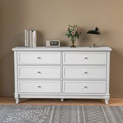 6 Drawer Dresser, Wood Double Dresser Chest of Drawer Storage Organizer Unit for Bedroom Living Room, White 