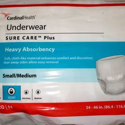 NEW 3 Underwear Incontinence 60 Cardinal Health Plus Heavy Absorbency Size Sm/Med.