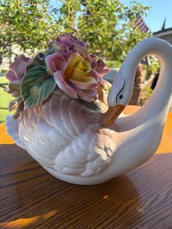 Ceramic Swan Figurine with Floral Bouquet Capodimonte