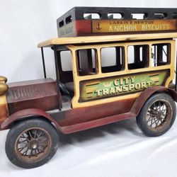 Vintage 1920s Wood, Cast Iron, & Rubber Model Bus