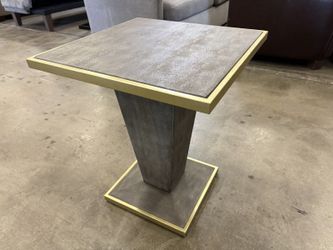 HOOKER FURNITURE Grey Shagreen Square Accent Table with Gold Toned Trim and Pedestal Base