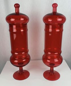 2 Large Red Glass Vases With Lids