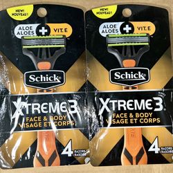 2- SCHICK Xtreme 3 Face & Body Men's Disposable Razors 3 Blades - 4 Razors Each