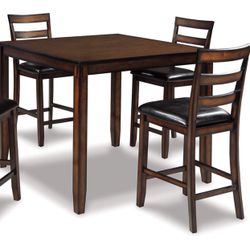 Dark Wood High Table With 4 Chairs And 2 Stools Included 