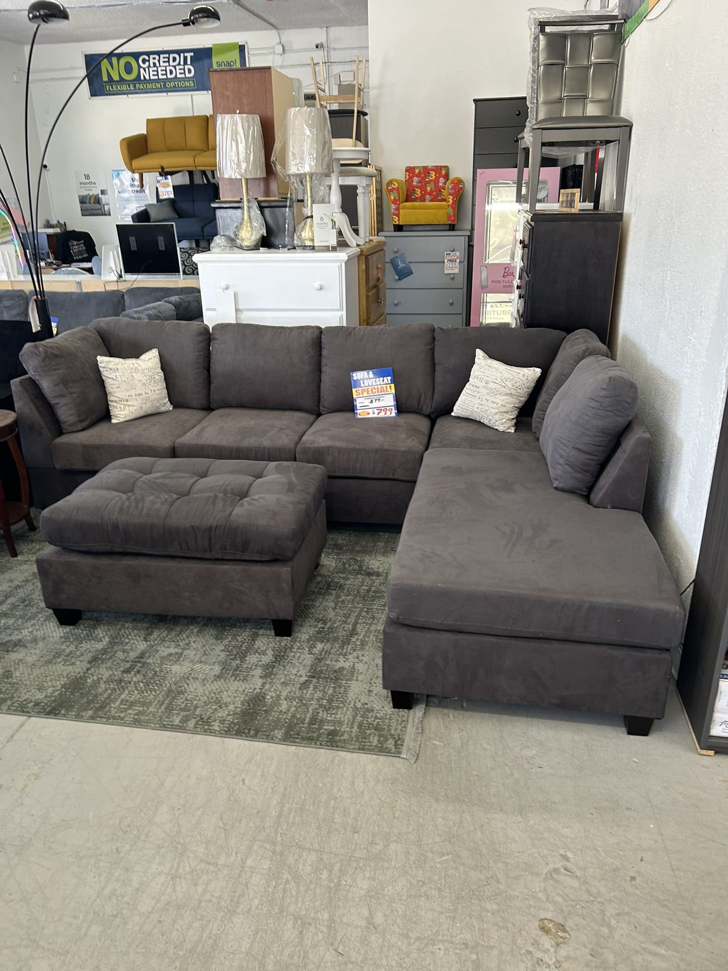 3 Piece Sectional Sofa With Ottoman In Microfiber Black Overalls Measure 112” X 84”