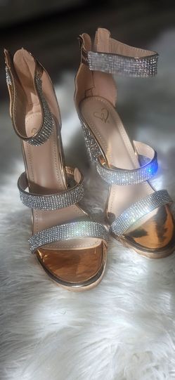 Gold Mirror Platform Heels with Rhinestone Block Heel