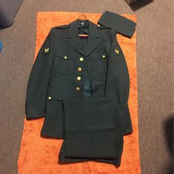 Vintage 1960's Army Green Dress Uniform Jacket With Gold Buttons ( Jacket Size 36, Pant W29, L34, Hat 6 1/2 )