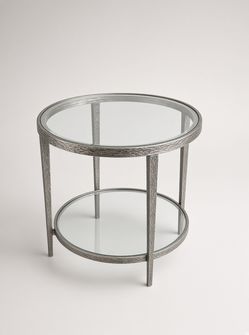 Maitland-Smith Jinx Nickel Round End Table – 24” Glass 2-Tier – Liberty Lake