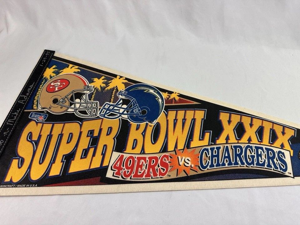 Vintage 1995 Superbowl XX1X 49ers Vs Chargers Pennant Banner Flawless Never Handled Located In Palm Springs CA 