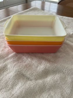 Vintage Pyrex Individual Baking Dishes – Set of 3 | Pink, Orange & Yellow | Mid-Century Modern