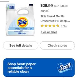 Tide Free & Gentle Unscented HE Deep Cleaning Concentrated Liquid Laundry Detergent