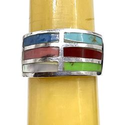 Sterling Inlaid Stone Ring Sz 6.75