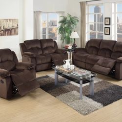FINANCING AVAILABLE. 3 PC CHOCOLATE PADDED SUEDE RECLINER SET