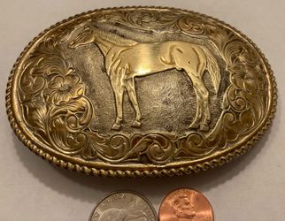 Vintage Metal Belt Buckle, Silver and Brass, Horse, Pony, Nice Western Design, 4 1/4" x 3", Heavy Duty, Quality, Made in USA, Thick Metal, For Belts, 