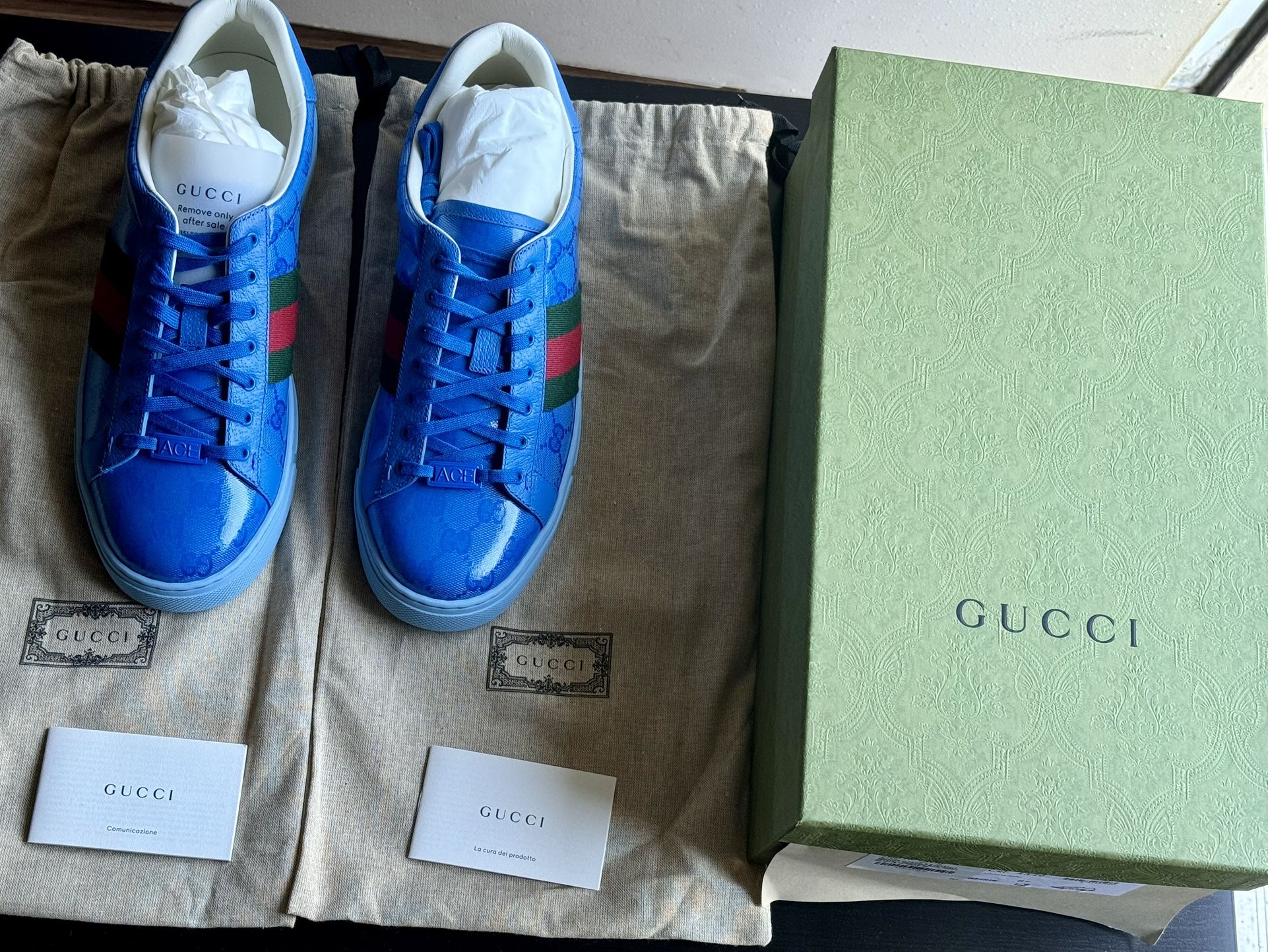 Authentic Brand New Ocean Blue Gucci Sneakers with original box, dust bag, spare laces included.