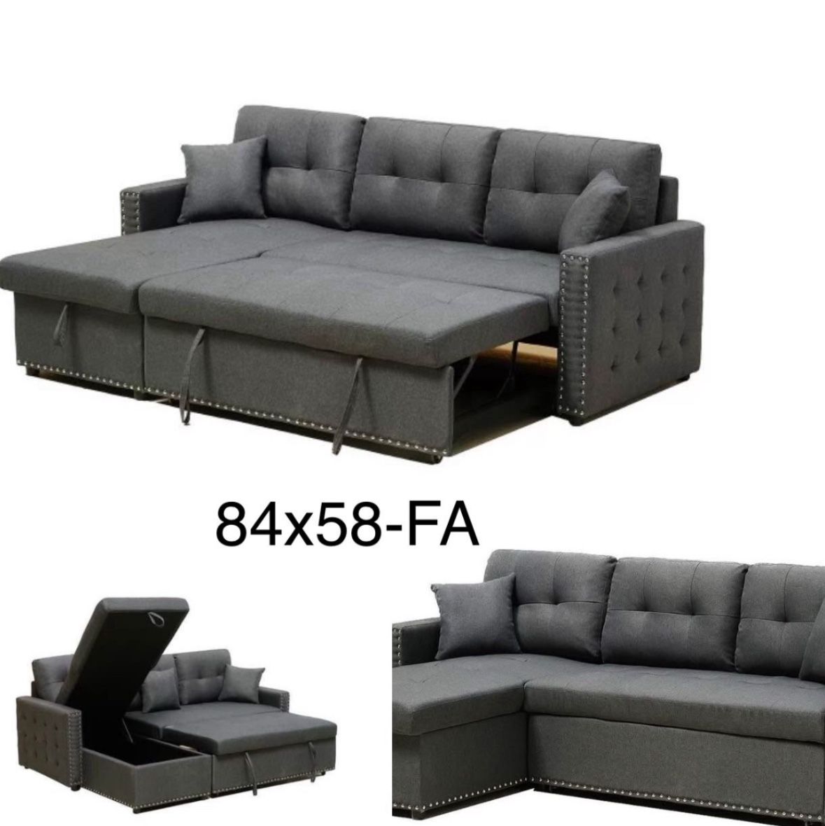 Sectional Sofa Pullout Bed W/Chaise Storage with Fabric Reversible 83”x 57”x35”H