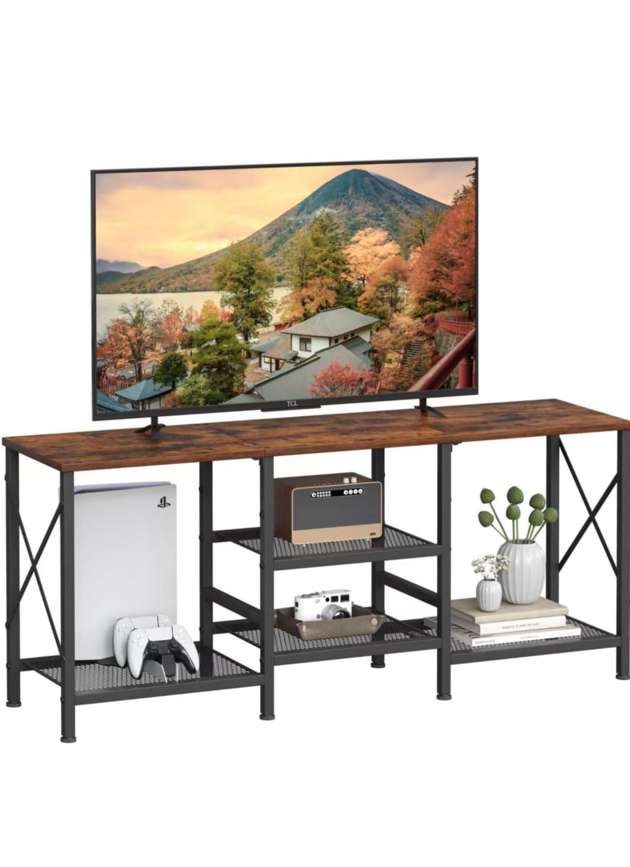 TV Stand for 55 Inch TV, Entertainment Center with 3-Tier Open Shelves, TV Console Table for Living Room, Bedroom, Rustic Brown