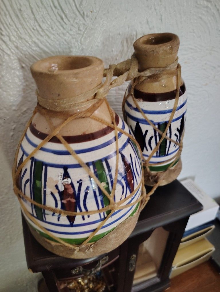 Small Moroccan Bongo Set. Hand Made. Clay. And Goat Skin. Vintage.