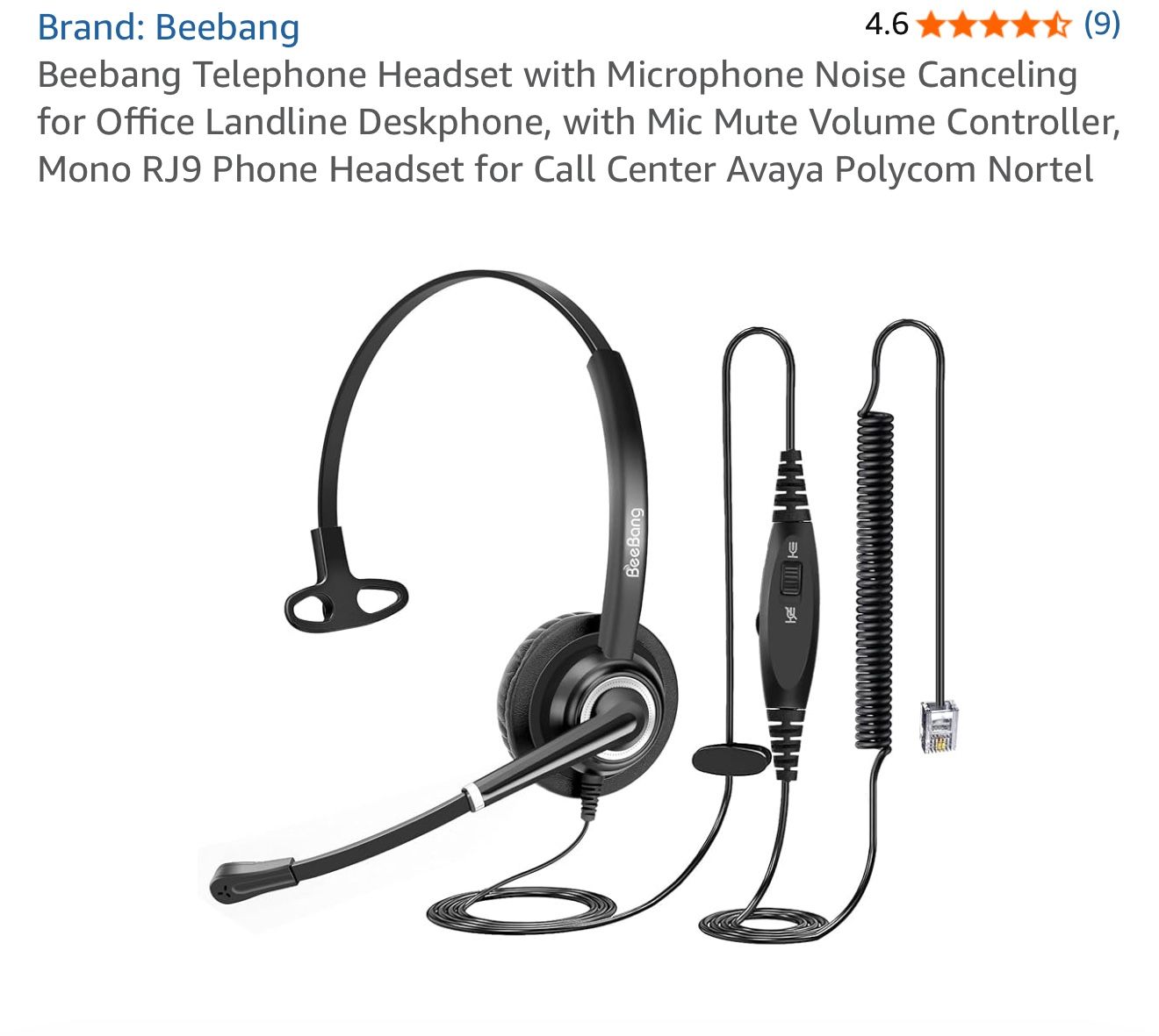 Beebang Telephone Headset with Microphone Noise Canceling for Office Landline Deskphone, with Mic Mute Volume Controller, Mono RJ9 Phone Headset for C