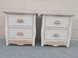 Pair of White Wicker 2-Drawer Nightstands