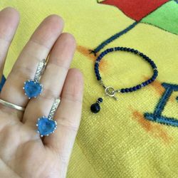 Silver Heart 💙🤍💙 earrings with blue gemstone 💎 and crystals $25  Blue beads silver bracelet with Lapis beads  $20 