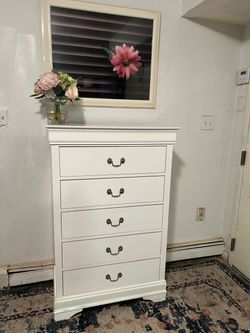 Five-Drawer Slim White Dresser - Delivery Extra