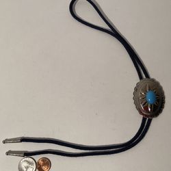 Vintage Silver Conchoe And Blue Turquoise Bolo Tie