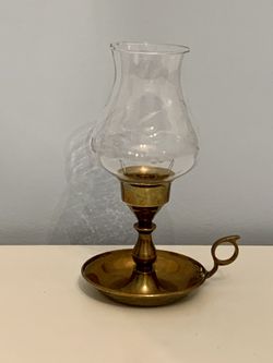 Vintage Brass Hurricane Candle Lamp with Etched Shade