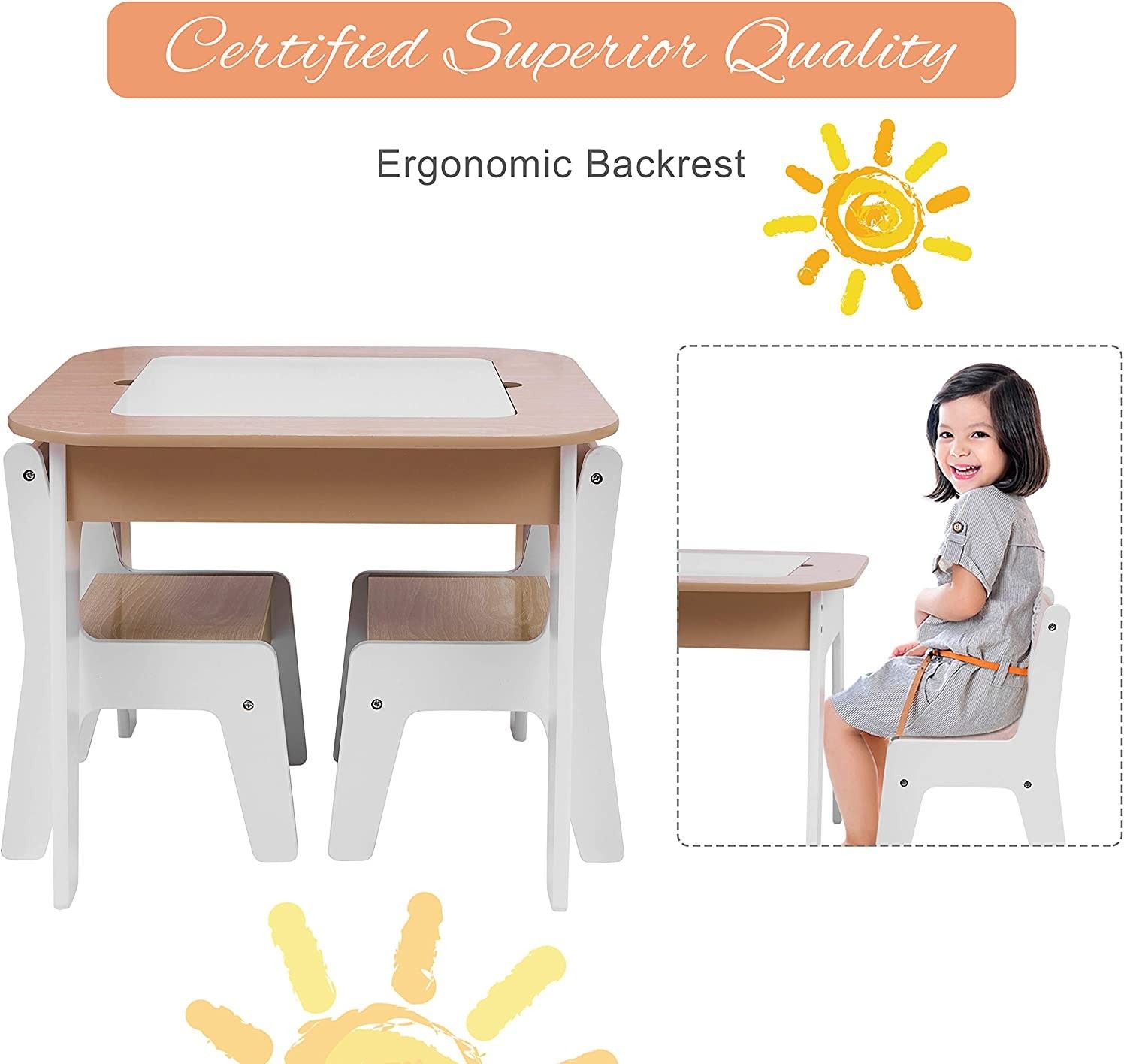3 in 1 Wooden Storage Table and Chairs Set Table Furniture Convertible Set with Storage Space for Toddlers