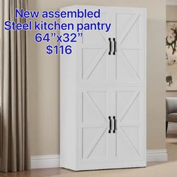 😀 64" H White Steel Kitchen Pantry Storage Cabinet with Barn Doors Metal Farmhouse Cabinets for Living Room, Bathroom, Heavy Duty Rustic Pantry