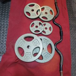 1" HOLE  80LBs.  2-25s  2-10s.   2-5s 
EZ-CURL BAR. 
11525 S HALSTED DUNKIN DONUTS/
7111.S WESTERN WALGREENS 
90$  CASH ONLY AS IS