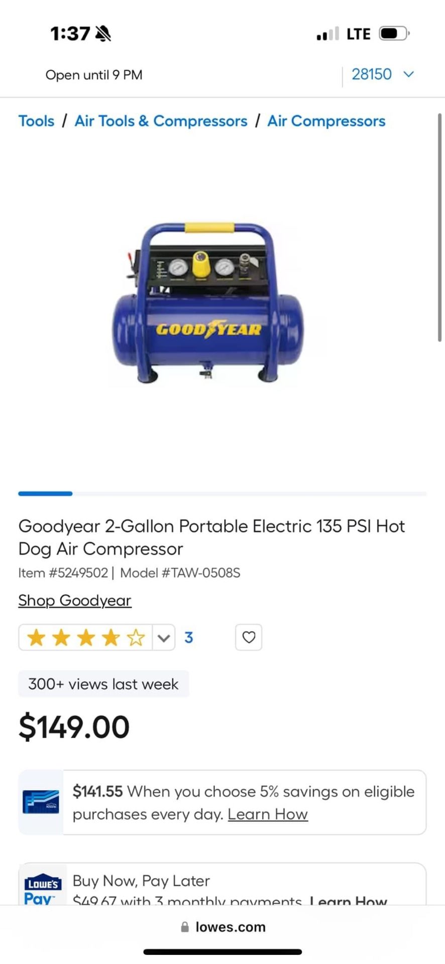 Goodyear 2-Gallon Portable Electric 135 PSI Hot Dog Air Compressor brand new