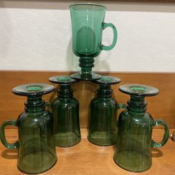 Vintage Libbey Teardrop Juniper Green Irish Coffee Mugs - SET OF 5 - Gold Rim