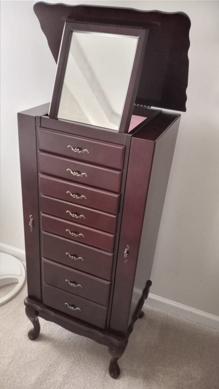 Mirror Wooden Jewelry Cabinet, 7 Drawers, 14 Necklace Hook, 2 Swing Doors (used)