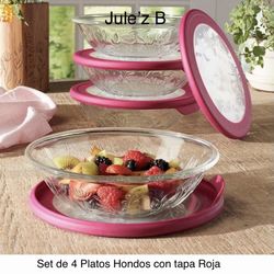 Set De 4 Platos Hondos Para Lasaña Con Tapa Roja Nuevos En Su Caja 
