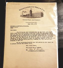 1924 Charleston Business Letter from Williamson Mills Co.