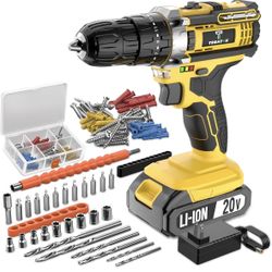 20V Cordless Drill/Driver, Electric Screwdriver - 1 Batteries, 45Nm, 21+3 Torque, 2 Speed, Keyless 3/8" Chase with LED Light (20V Drill (Yellow))
