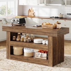 55" Kitchen Island, Farmhouse 3-Tier Island Table with Large Countertop